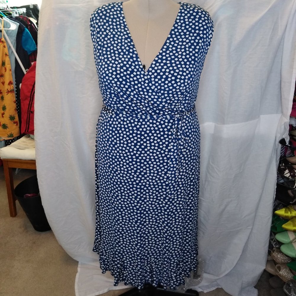 Faux wrap front tea length knit dress
